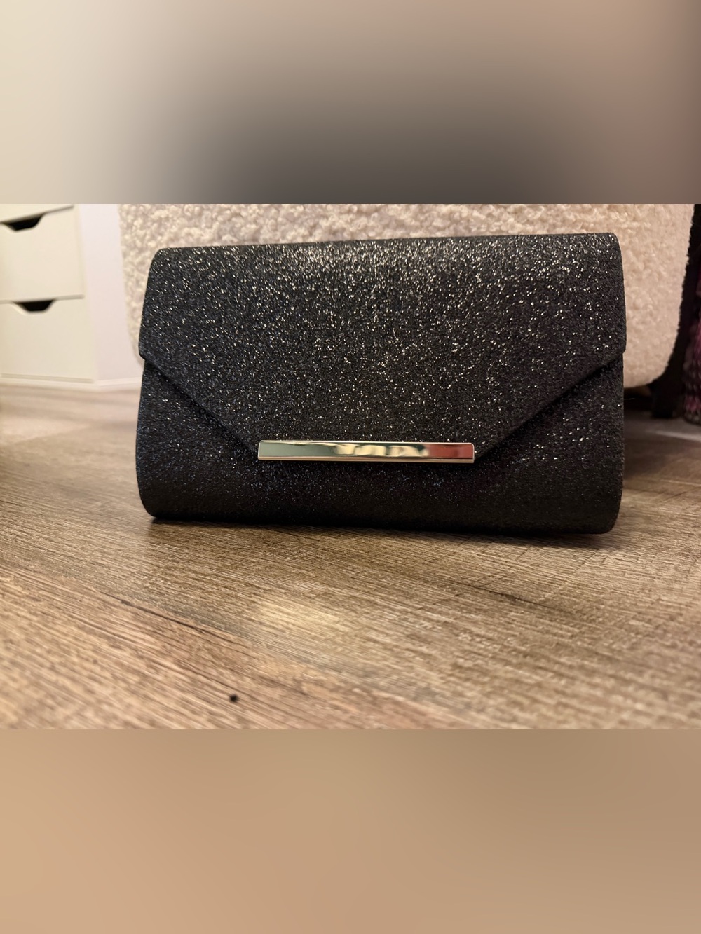 Black Glitter Envelope Clutch Crossbody Chain Strap Evening Bag EUC